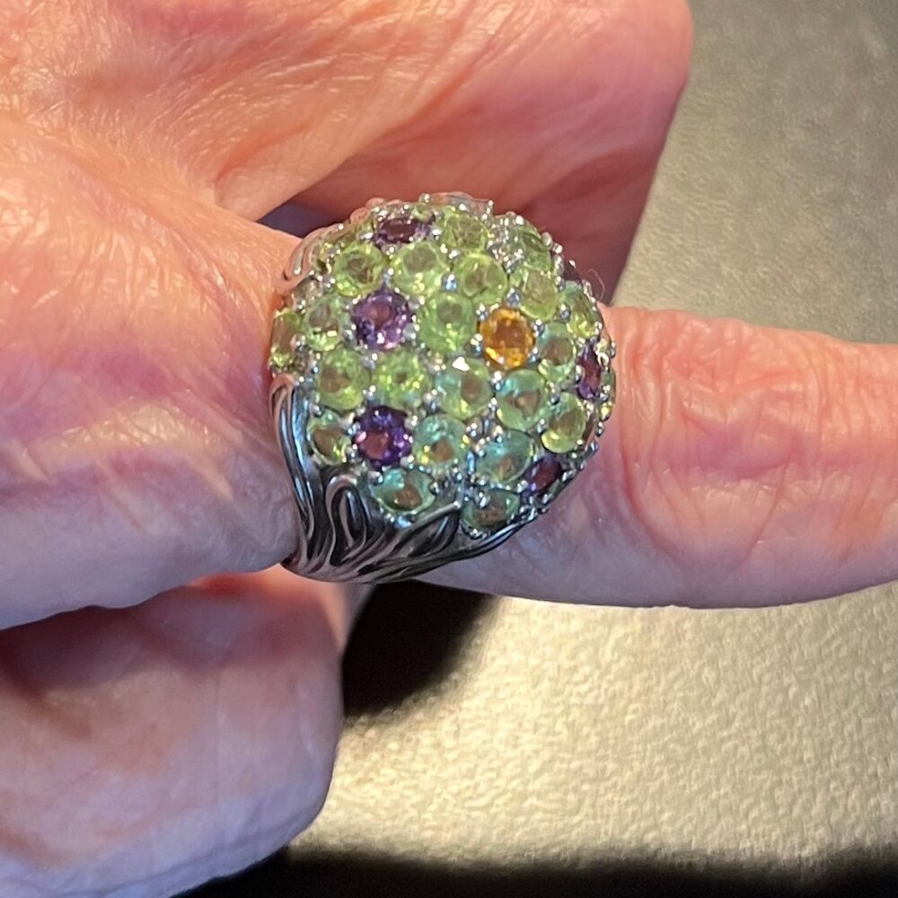 Sterling Silver & Multi-Gemstone Dome Ring - Size 6